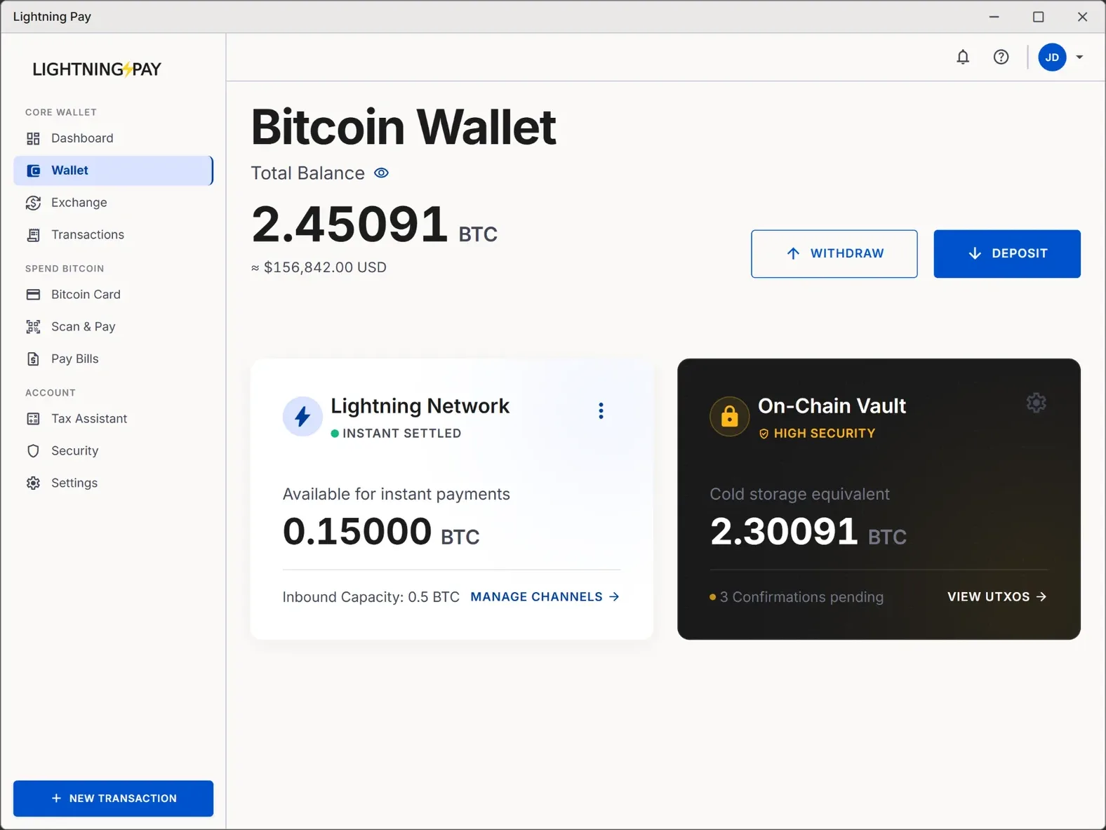 Best Bitcoin wallet app — Lightning Pay non-custodial BTC wallet showing 2.45 BTC balance, Lightning Network channel and on-chain vault