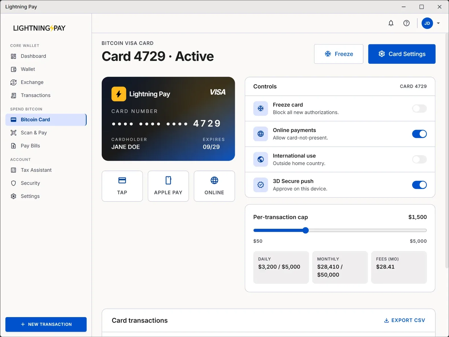 Bitcoin Visa card — spend Bitcoin anywhere Visa is accepted, tap & Apple Pay enabled, 0% FX, freeze in one tap