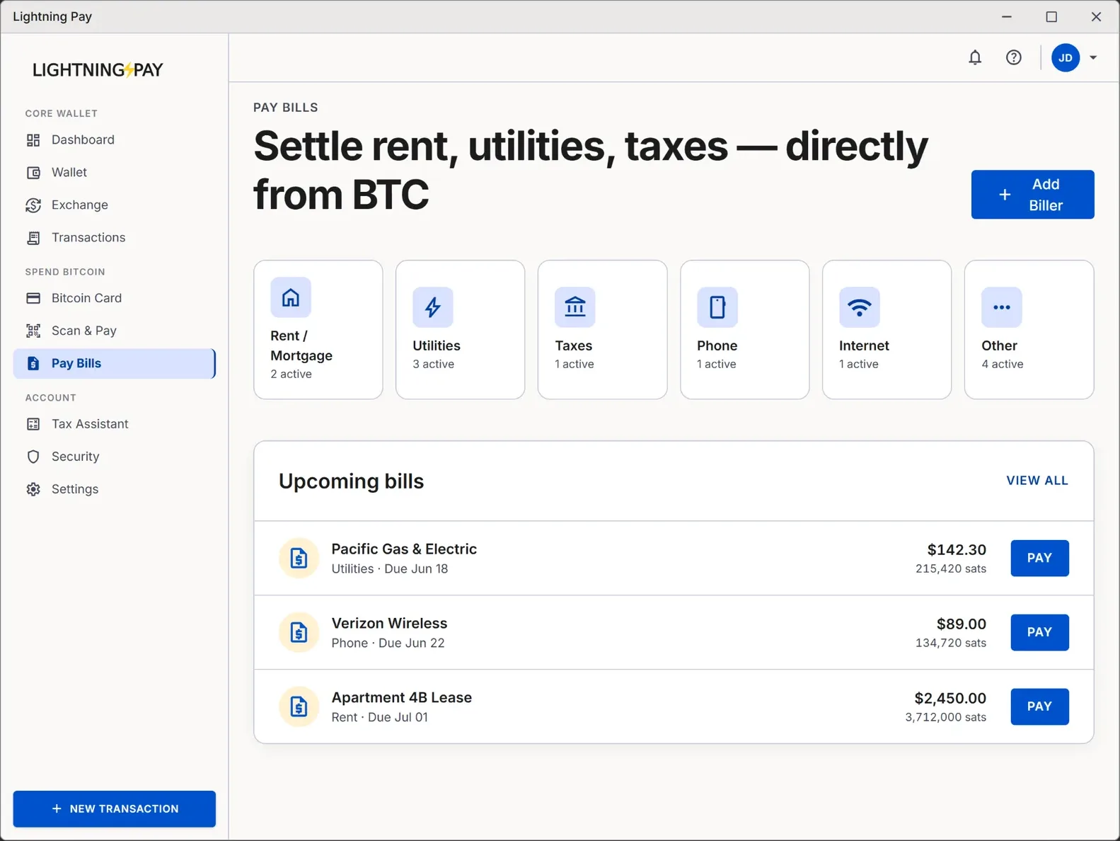 Pay bills with Bitcoin — rent, utilities, taxes, phone and internet settled directly from a Bitcoin wallet via Lightning