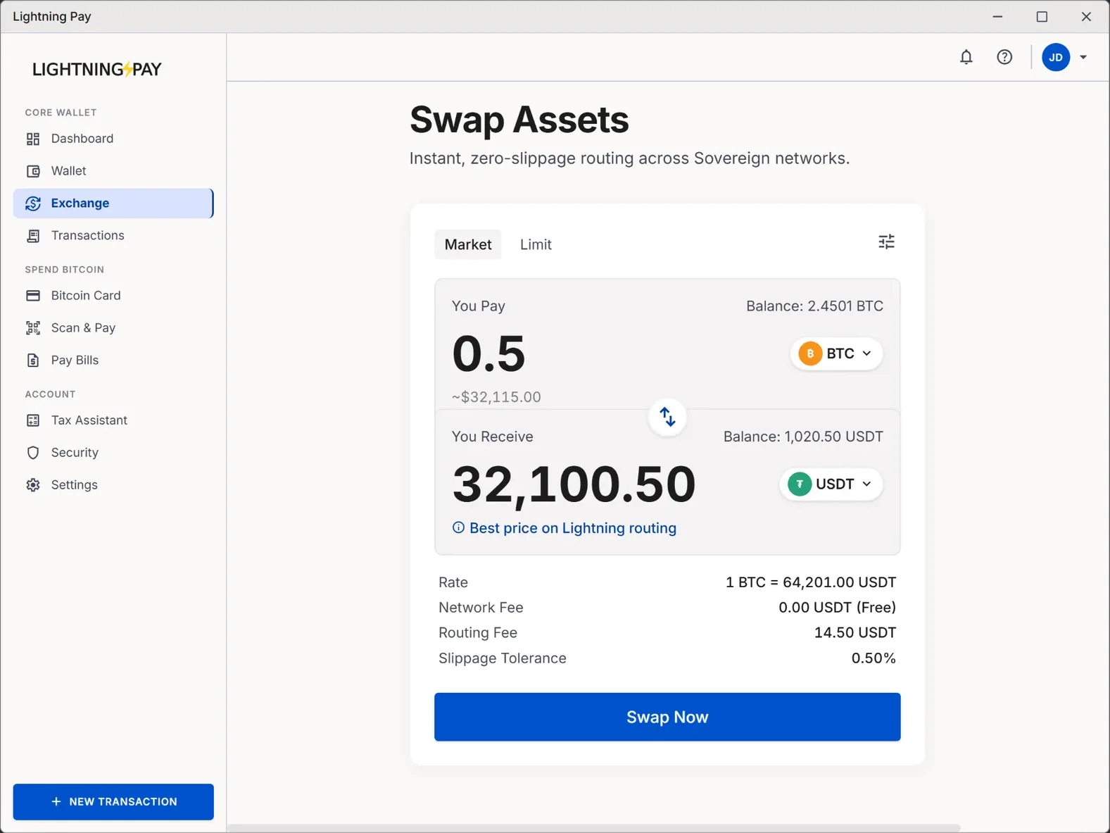 Swap Bitcoin to stablecoin — exchange BTC to USDT and USDC on Lightning with zero slippage and 0% network fee in Lightning Pay wallet