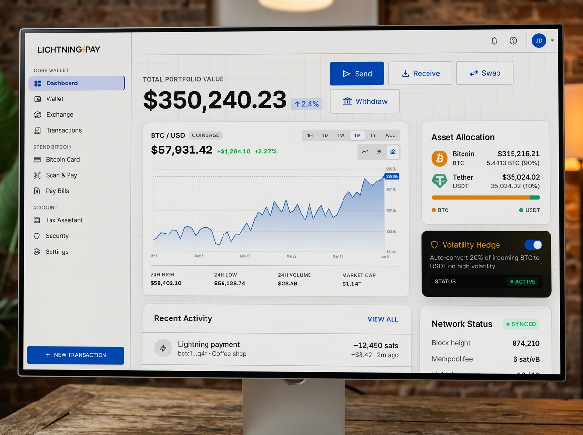 Lightning Pay Wallet dashboard — Bitcoin Lightning wallet app showing BTC/USD portfolio, asset allocation and volatility hedge